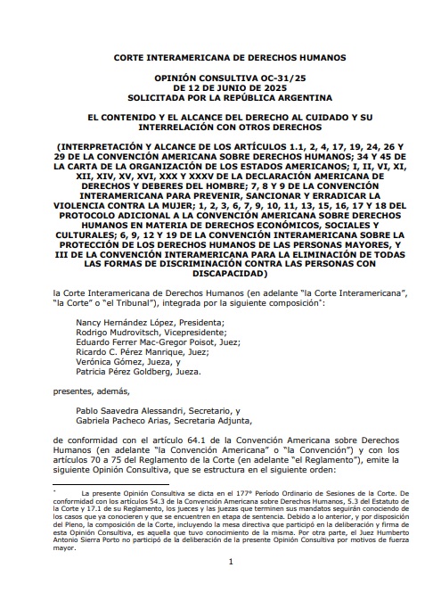 Imagen de Opinión Consultiva OC-31/25 “El contenido y el alcance de derecho al cuidado y su interrelación con otros derechos”